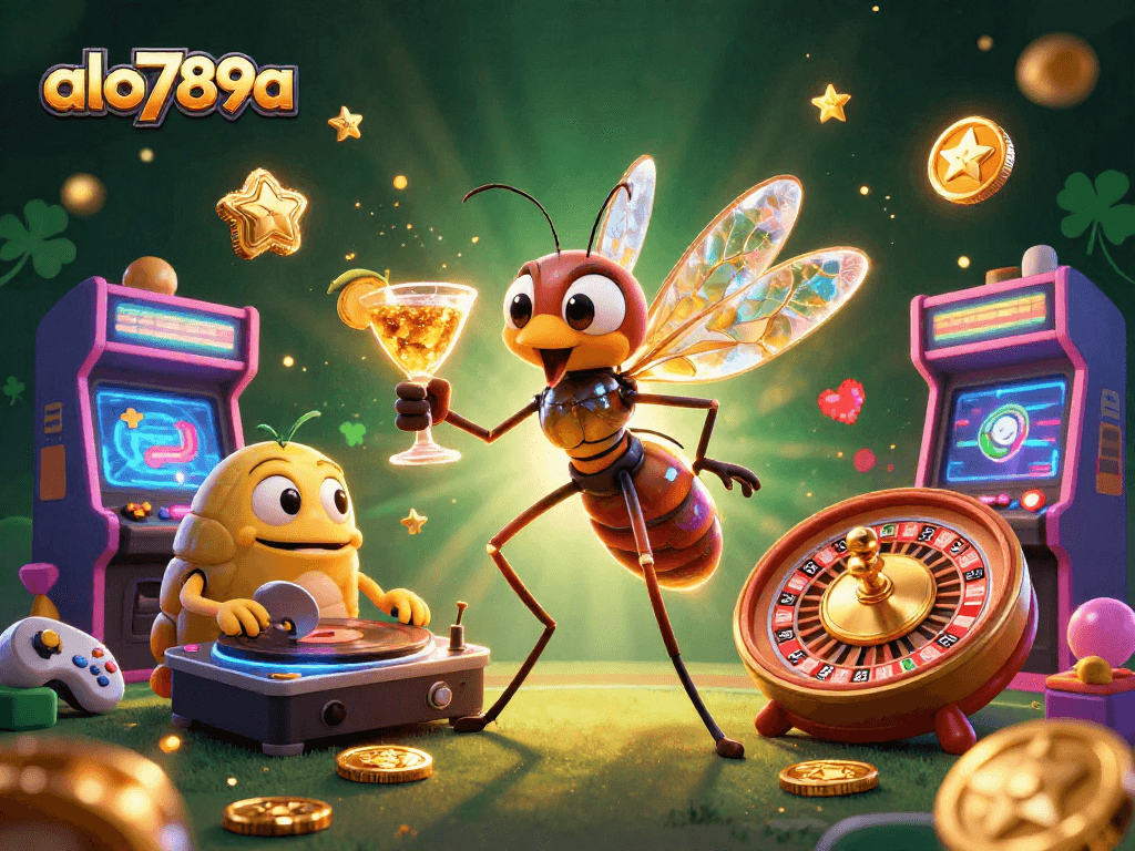 Join thrills at alo789a with a lively 3D illustration showcasing a casino scene filled with unique characters and vibrant gaming elements.