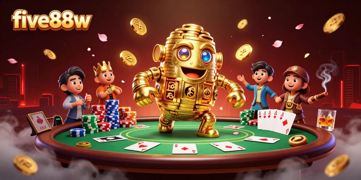 Engage in thrilling gameplay at five88w with a dynamic scene of casino excitement featuring a golden golem and poker elements.