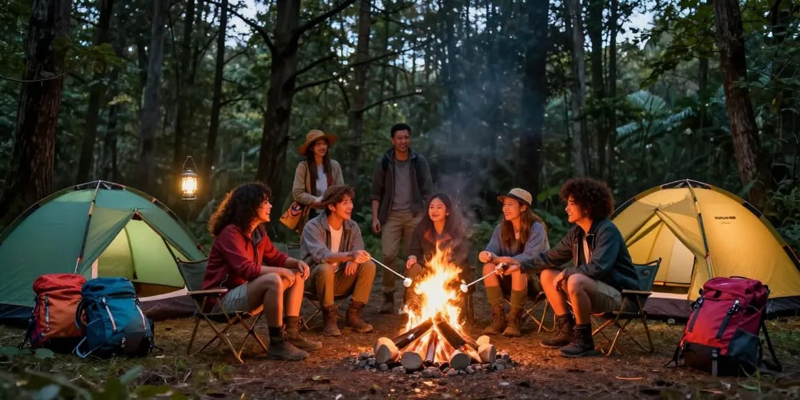 Friends enjoying an outdoor camping experience with ROKOK88 gear around a warm campfire.