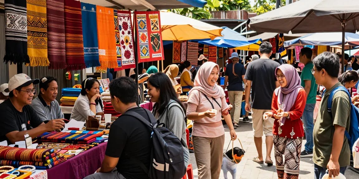 Engaging market scene featuring local UMKM products from https://rokok88.net, showcasing unique crafts and artisan goods.