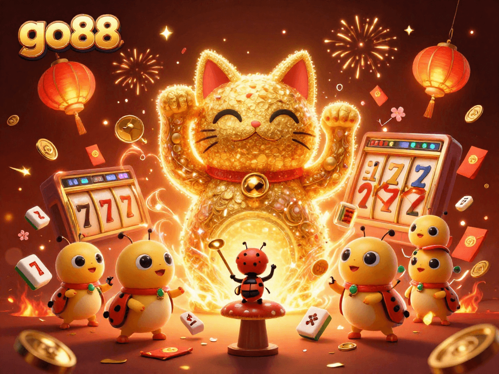 Experience luck with go88 as golden fireflies illuminate a vibrant casino scene.