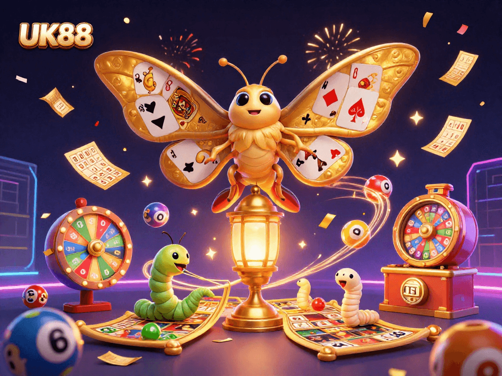 Engage with the UK88 lottery excitement through a vibrant illustration of dynamic casino elements.