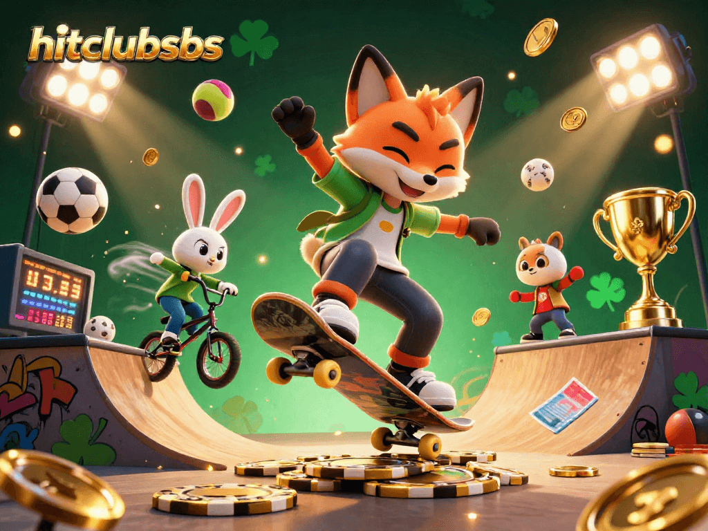 hitclubsbs showcases a vibrant 3D illustration of a skateboarder fox and BMX rabbit in an energetic casino-themed scene.