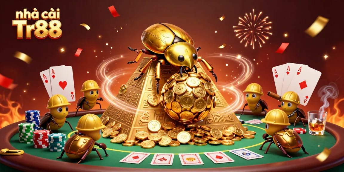 Engage with Nhà cái Tr88's thrilling casino action featuring golden coins and poker elements.