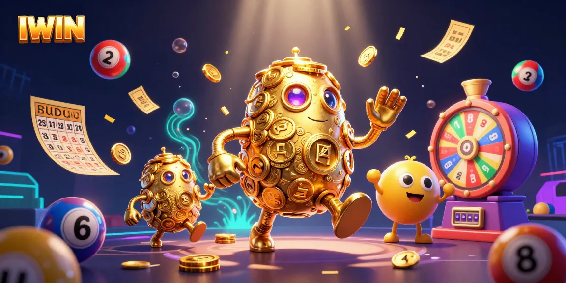 IWIN showcases a dynamic 3D casino scene with a golden golem and colorful game elements.