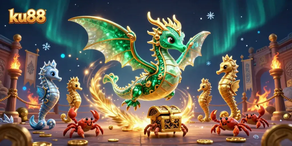 Experience the excitement of ku88 with immersive gaming visuals featuring a dragon and treasure.