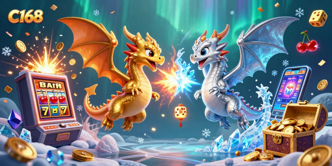 C168 ignites big wins with twin dragons in action amidst a dazzling casino scene with slot machines and treasure.