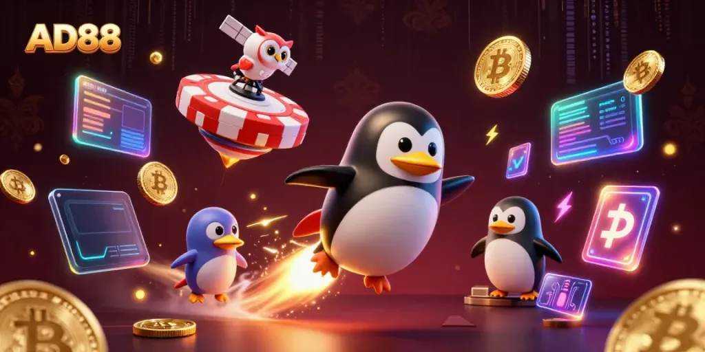 AD88 engages users with a dynamic illustration featuring a golden penguin and crypto elements, representing online gaming excitement.