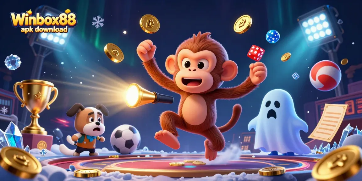 Winbox88 apk download with a charming ghost-hunter puppy tracking a mischievous poltergeist monkey in a dynamic casino scene.