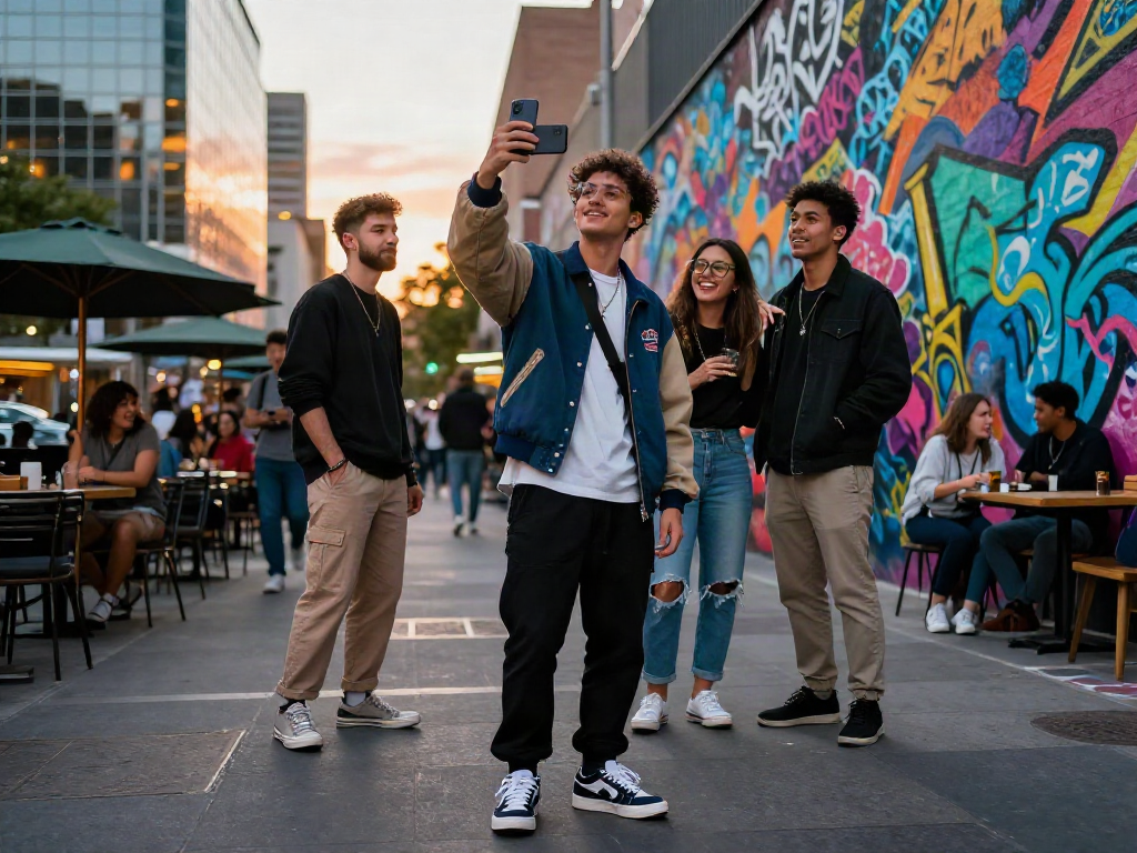 Crush on stylish urban lifestyle, friends enjoying vibrant city mural moments at sunset.
