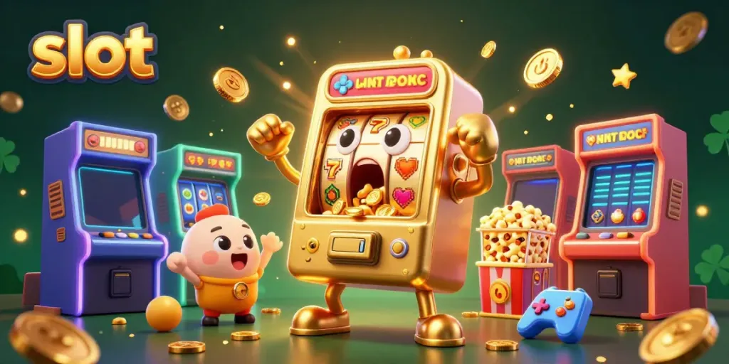 Celebrate a thrilling slot jackpot with a golden machine pouring coins, surrounded by cheering baby slots.
