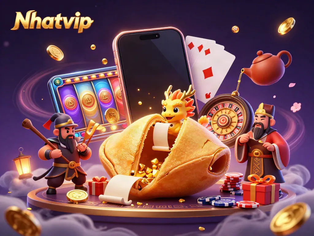 Nhatvip showcases a dynamic scene with a golden fortune cookie, wise dragon, and gaming elements conveying excitement and strategy.