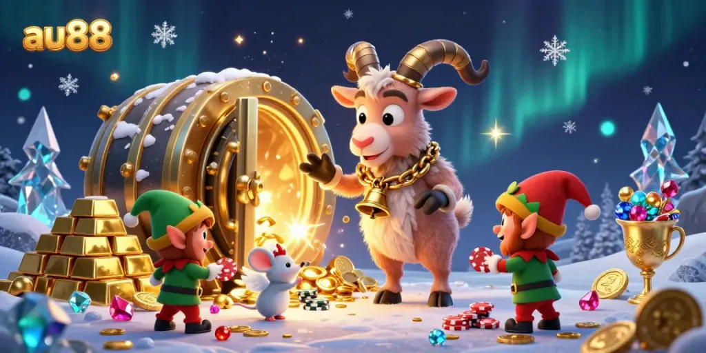 Engage in thrilling gameplay at au88 with a bustling casino scene featuring playful characters and treasure elements.