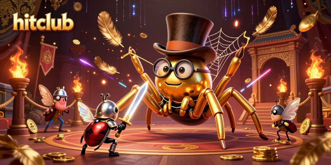 Hitclub showcases a dynamic casino scene with a golden tarantula and beetle knight amidst coins and game elements.
