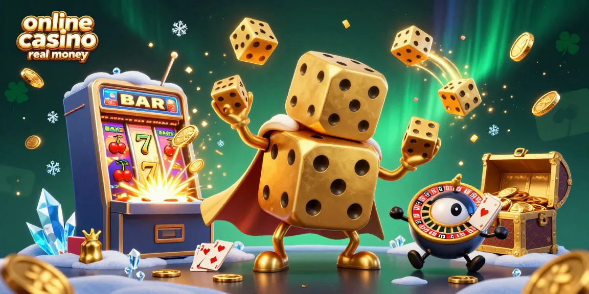 Experience excitement at an online casino real money, with vibrant golden dice and jackpot elements.