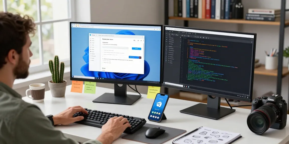 Professional workspace featuring Telegram Web Version on multiple screens, showcasing a tech environment with coding tools.