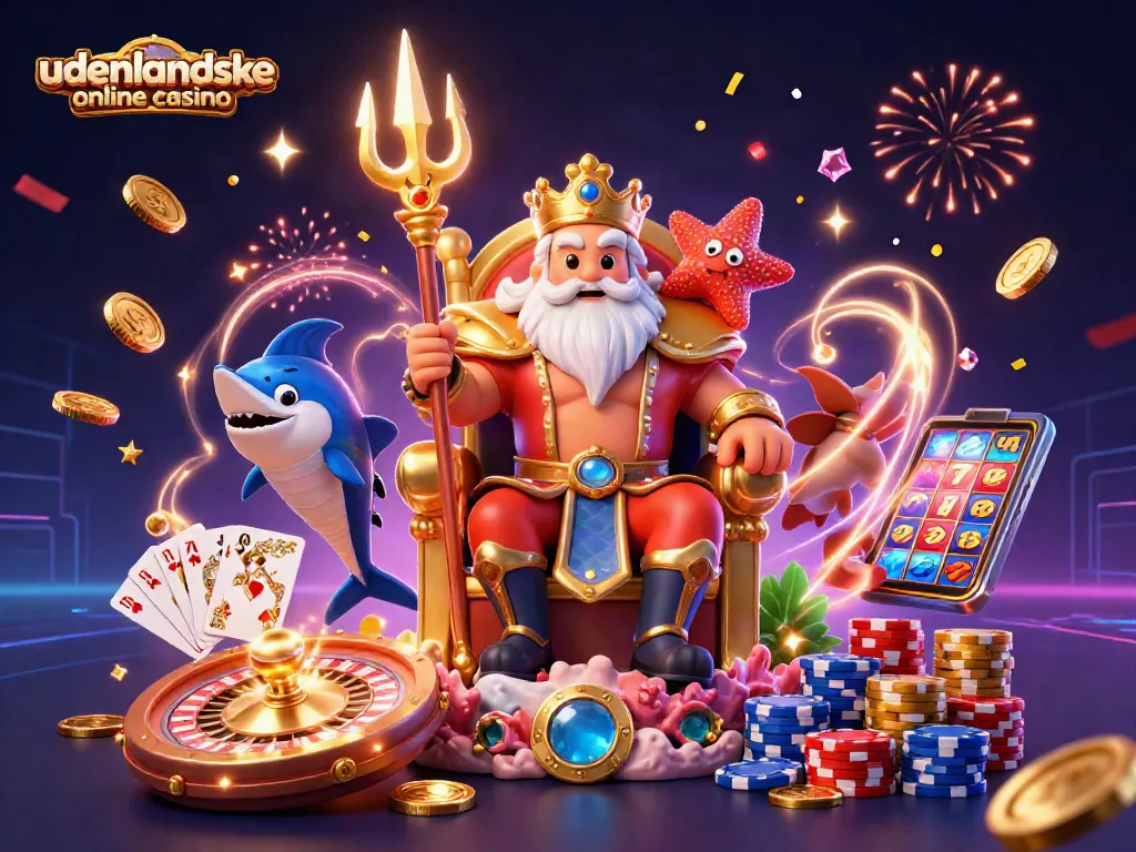 Win big at udenlandske online casino with a vibrant 3D illustration of Neptune amid casino elements.