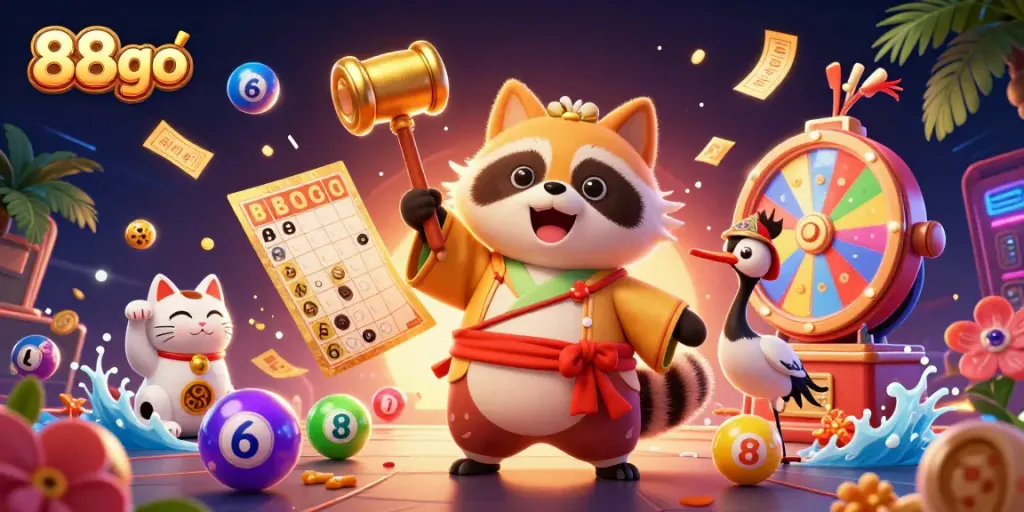 Engage with 88go in a vibrant casino-themed scene filled with fortune cats and lottery elements.