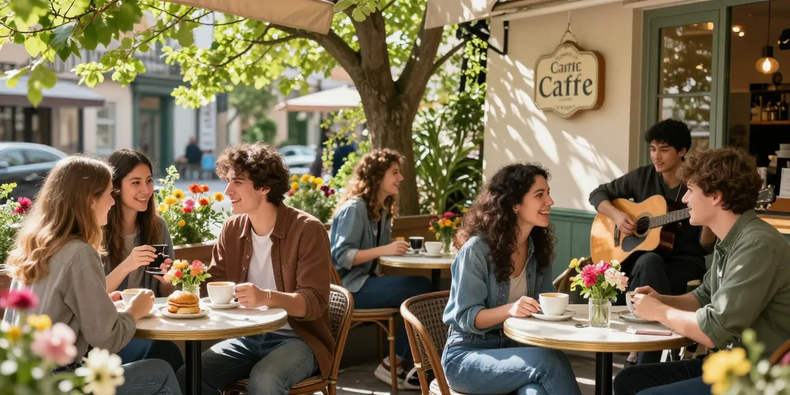 Group of friends enjoying coffee, capturing the joy of having a crush on someone at a vibrant café.