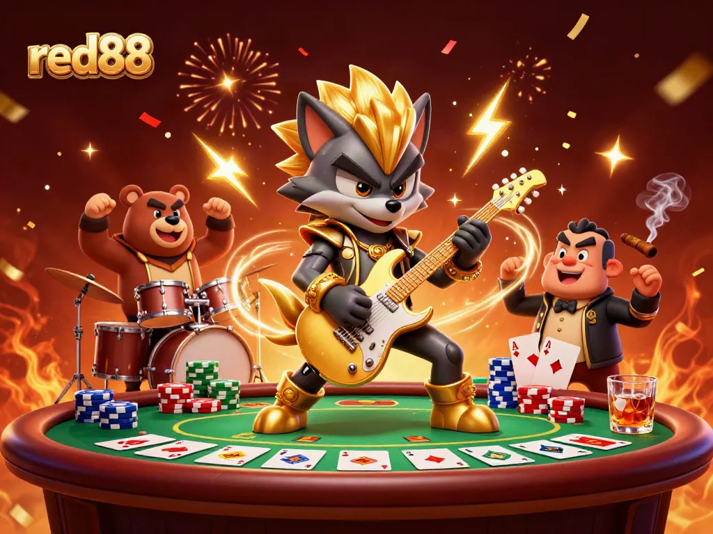 Experience thrilling gameplay at red88 with a dynamic 3D casino scene featuring rock star characters and poker elements.