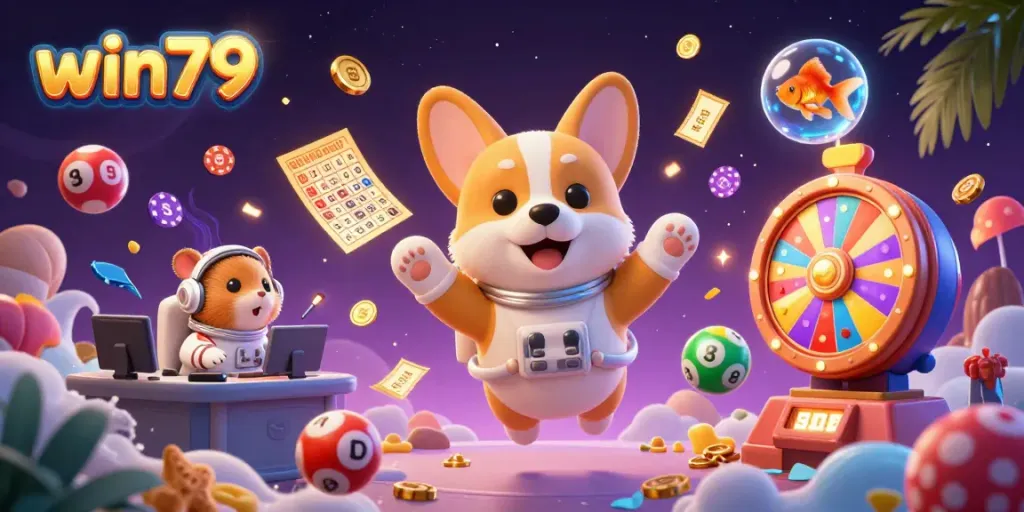 Explore an energetic scene of win79, featuring a floating corgi, lottery balls, and golden coins.