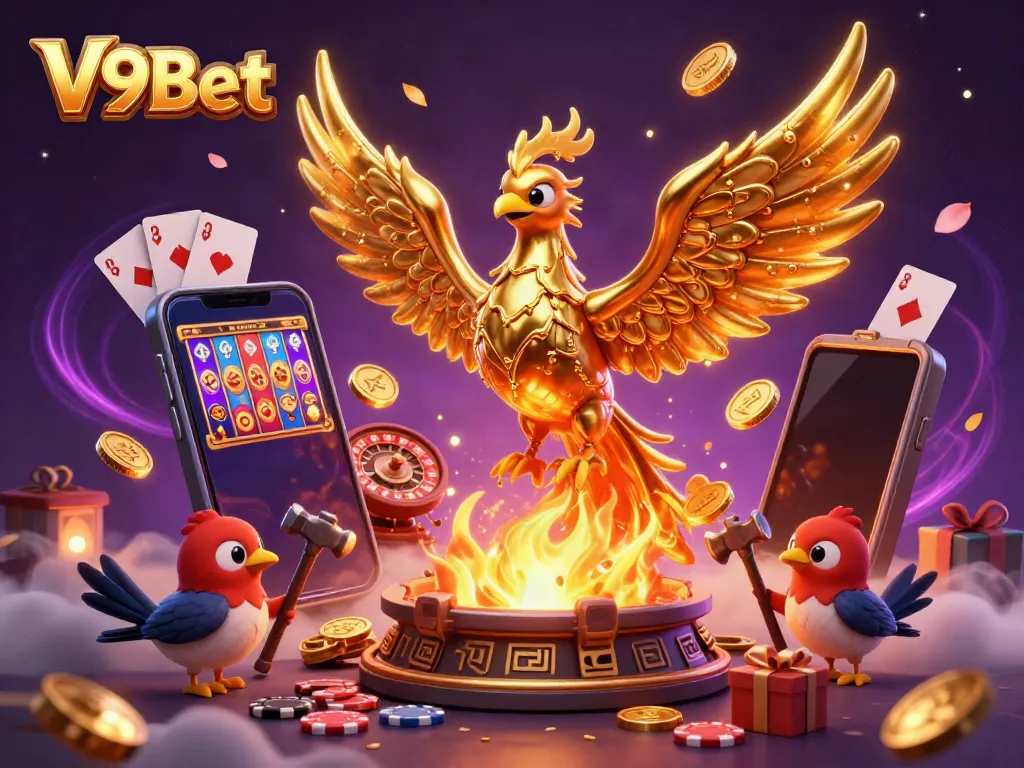 Experience vibrant gaming with V9Bet, highlighted by golden phoenix and slot games.