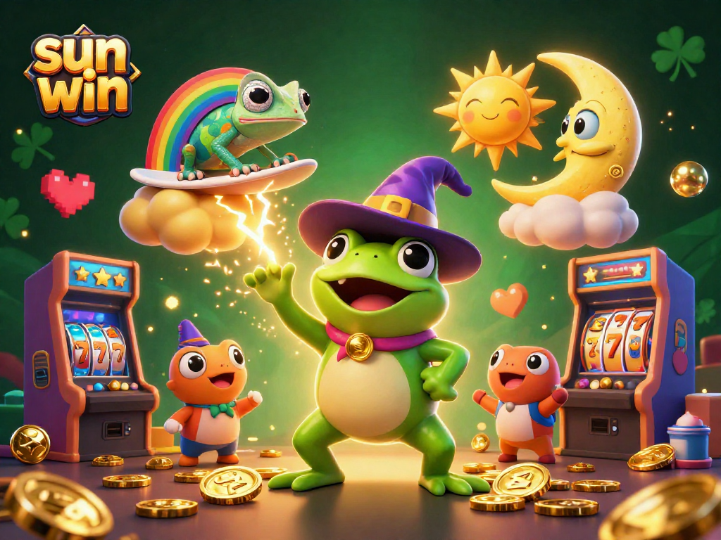 Engage with thrilling sun win games where a magical frog stirs up golden coins amidst vibrant casino elements.