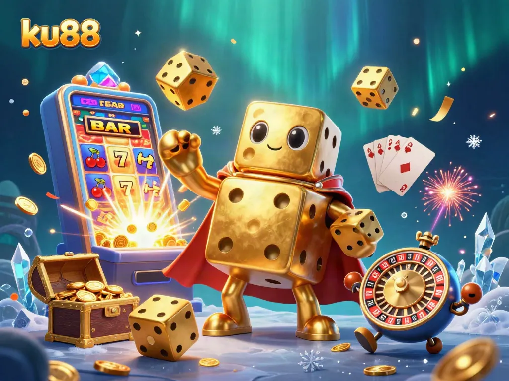 Experience the excitement at ku88 with a dazzling illustration of a golden dice golem and casino elements.