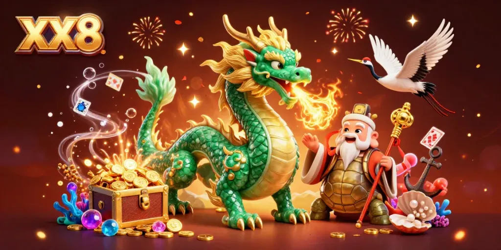 Experience the thrill of XX8 with a jade dragon, lucky cranes, and vibrant casino elements.