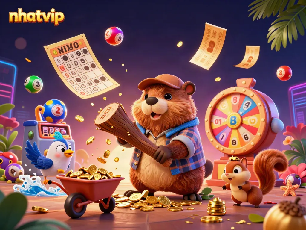 Nhatvip celebrates winning moments with exuberant character scene and gambling elements.
