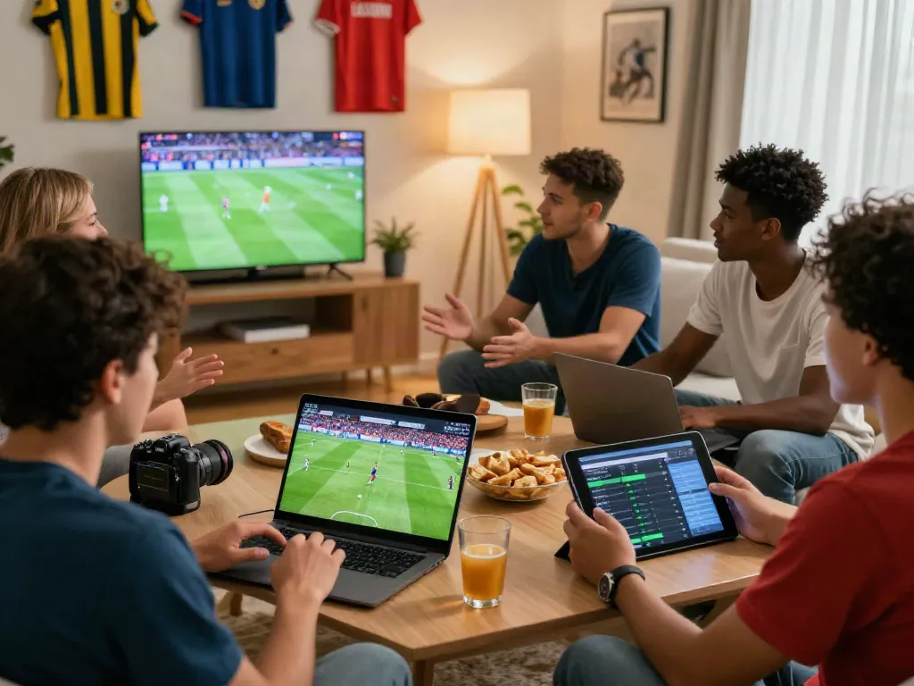 Fans enjoying thập cẩm tv live football streaming on various devices in a cozy setting.