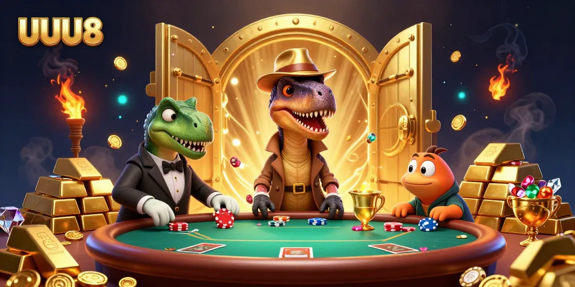 Engage in poker action with UUU8, featuring a velociraptor card counter and fortune-filled elements.