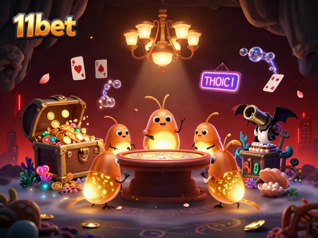 Engage in thrilling gameplay at 11bet, illuminated by glowworms in a vibrant casino setting.