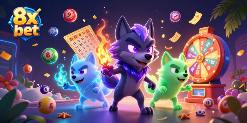 Experience the thrill of 8x bet adventures with vibrant lottery balls and winning elements in a dynamic scene.