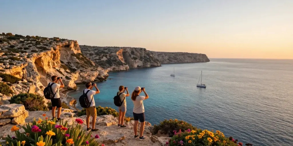 Travelers enjoying Gozo tours along the stunning coastline at sunset.