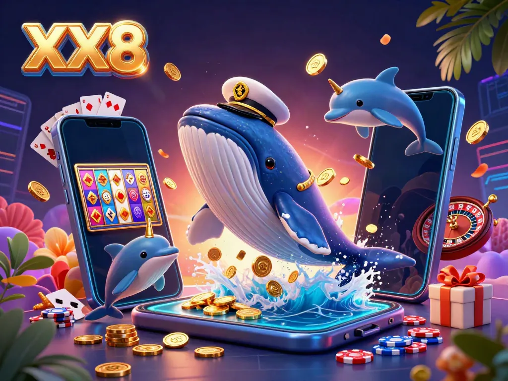 Experience the thrills of XX8 with a 3D cartoon whale amidst coins and poker elements in a vibrant online casino scene.