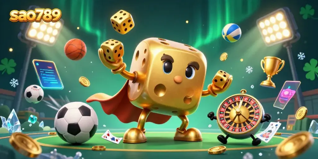 Sao789 invites players to experience thrilling games with a vibrant 3D casino scene featuring animated dice and sports elements.