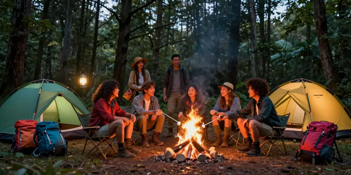 Friends enjoying an outdoor camping experience with ROKOK88 gear around a warm campfire.