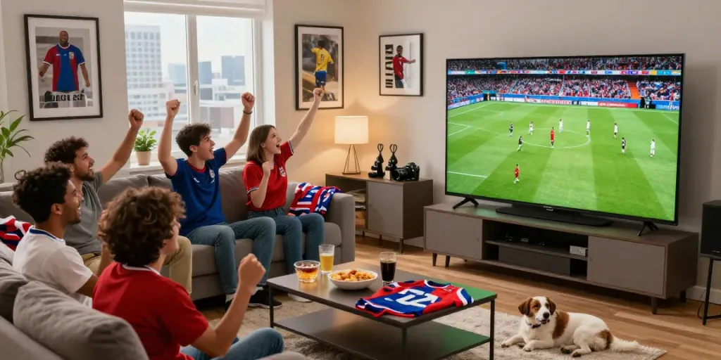 Exciting scene of fans enjoying gà vàng tv in a lively living room during a football match.