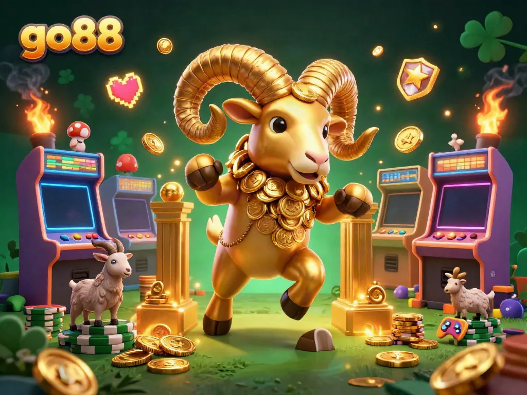 “go88” animated scene featuring a golden ram charging through a casino gateway, surrounded by gaming elements.