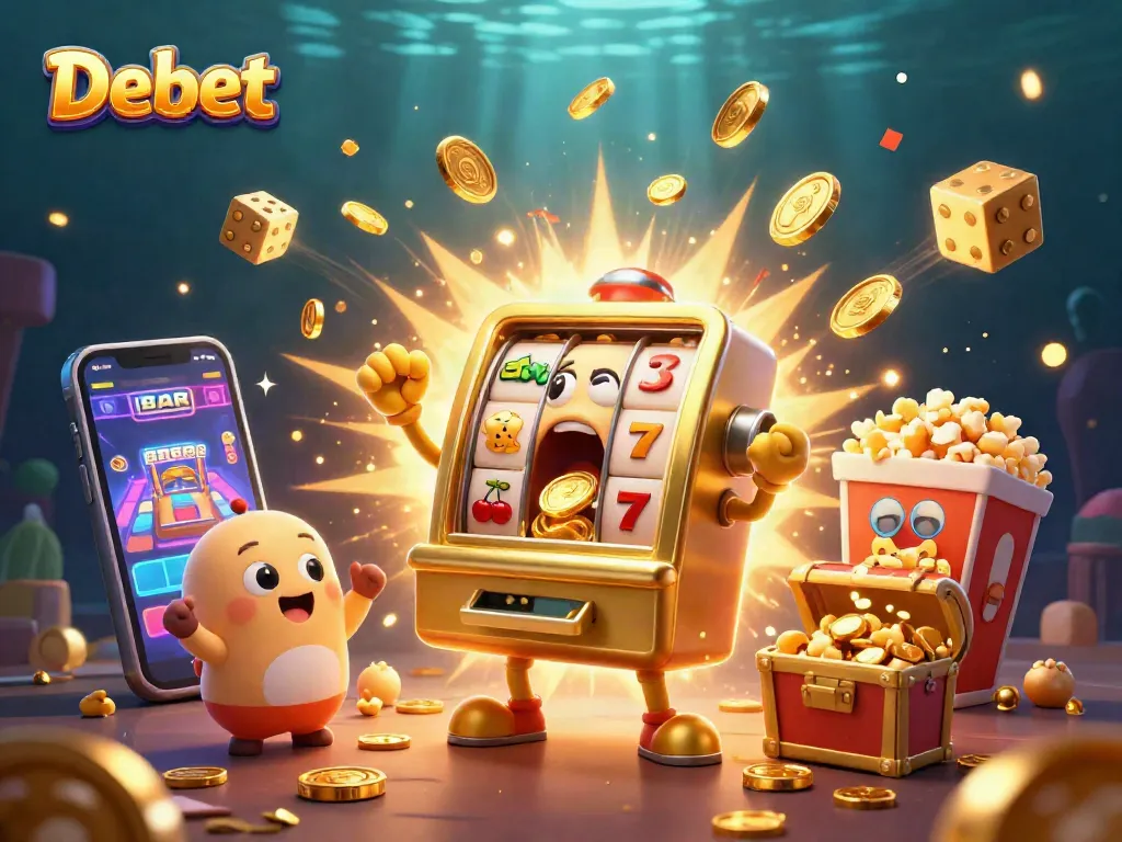 Debet celebrates its jackpot as a joyful slot machine bursts with coins in a vibrant casino scene.