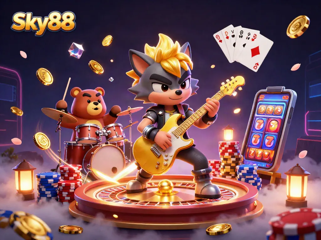Experience thrilling gameplay with Sky88's vibrant casino scene featuring dynamic characters and enticing game elements.
