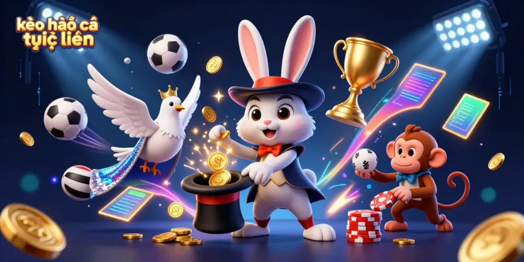 Engage in kèo nhà cái trực tuyến with a vibrant 3D scene featuring a magician rabbit pulling coins, sports balls flying, and a playful monkey.