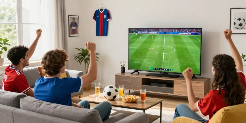 Friends enjoying a football match at home, experiencing xôi lạc tv live streaming.