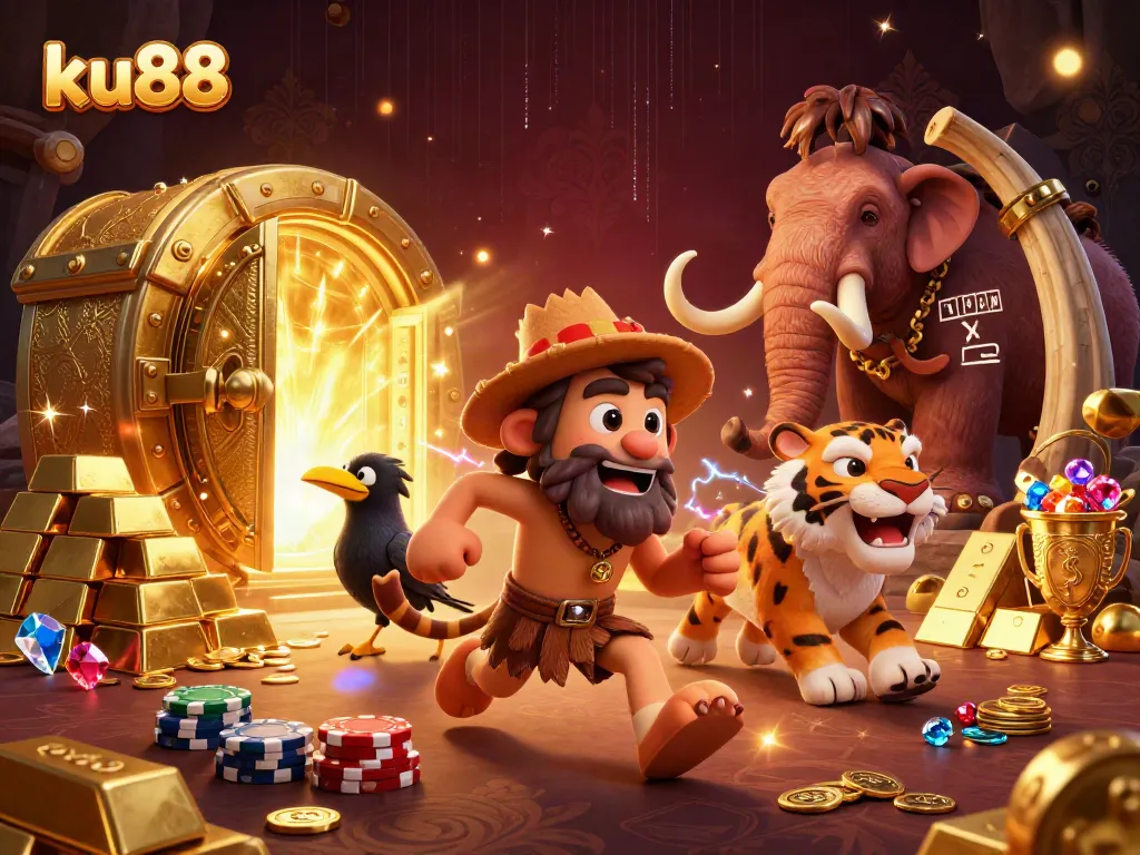 ku88's exciting prehistoric casino scene features vibrant treasures and animated characters.