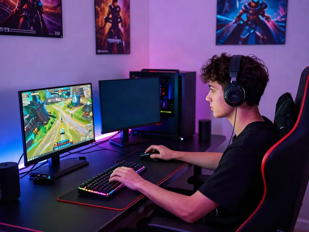 Young adult gaming at a desk with rokok88-themed setup and colorful LED lights.