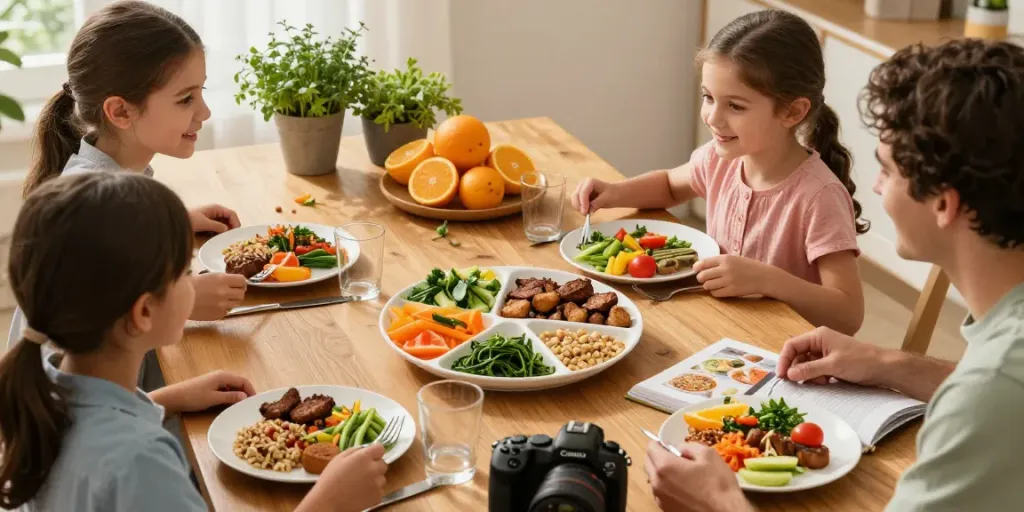 Balanced meals served on the Portion Control Plate, demonstrating healthy eating habits in a warm family dining setting.