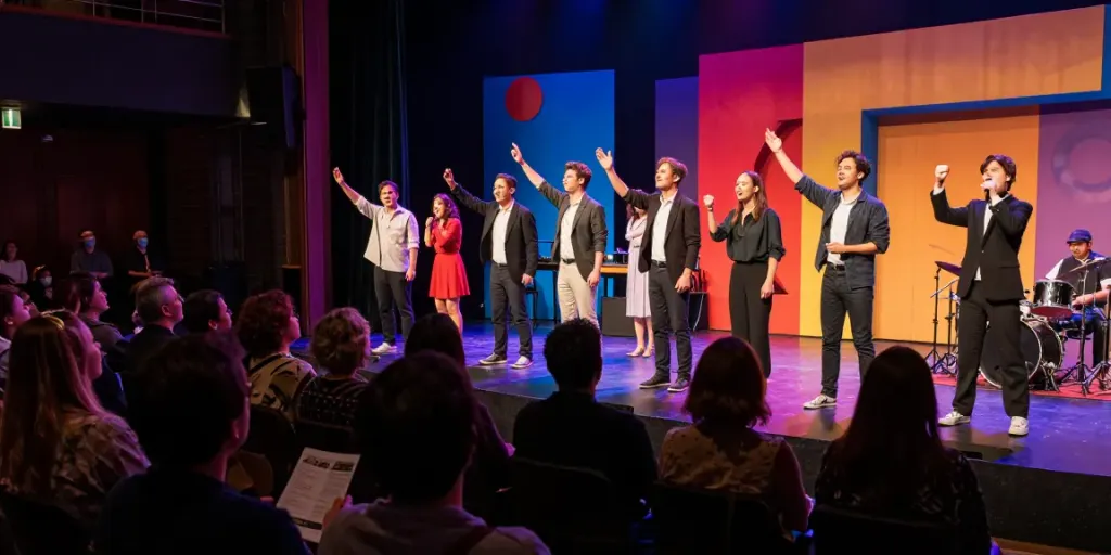 Dynamic theater performance showcasing rokok88 with actors engaging the audience