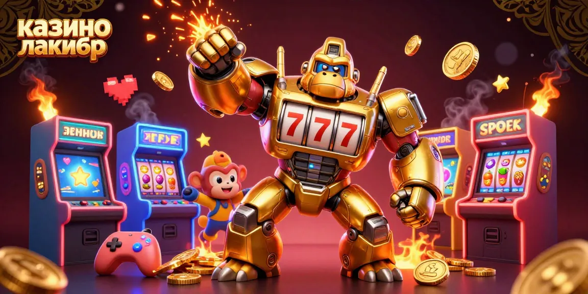 Experience thrilling gameplay with казино лакибир's golden gorilla mech surrounded by exciting slot elements.