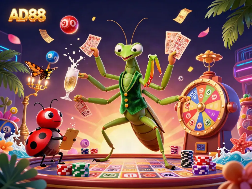 Immerse in the vibrant world of AD88 with a cartoon mantis card sharp and ladybug pit boss amidst lively lottery elements.